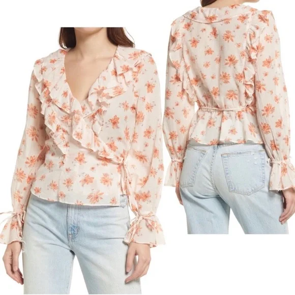 Free people Amanda ruffle wrap top blouse in ivory combo floral print - Picture 3 of 6